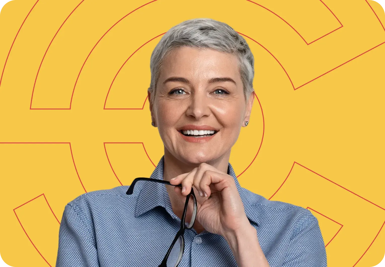 Woman smiling infront of Point C branding on a gold background.