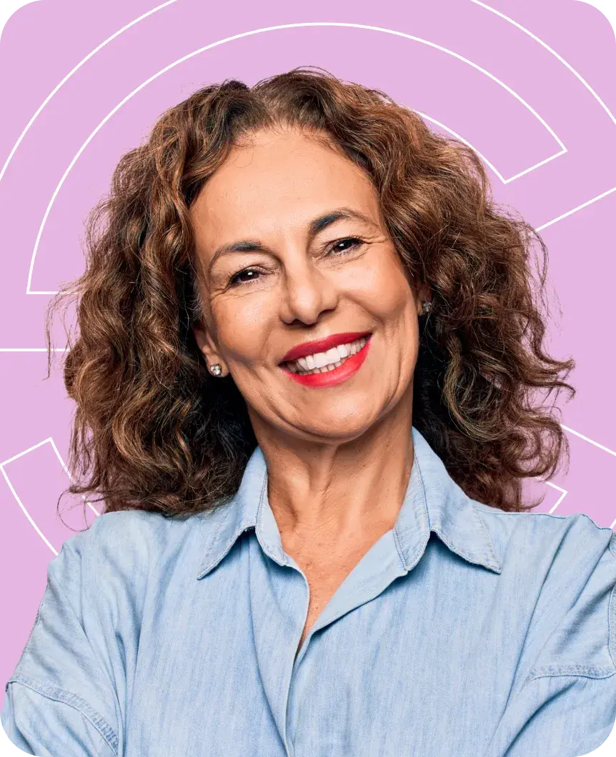 Smiling woman in front of Point C branding on a pink background.