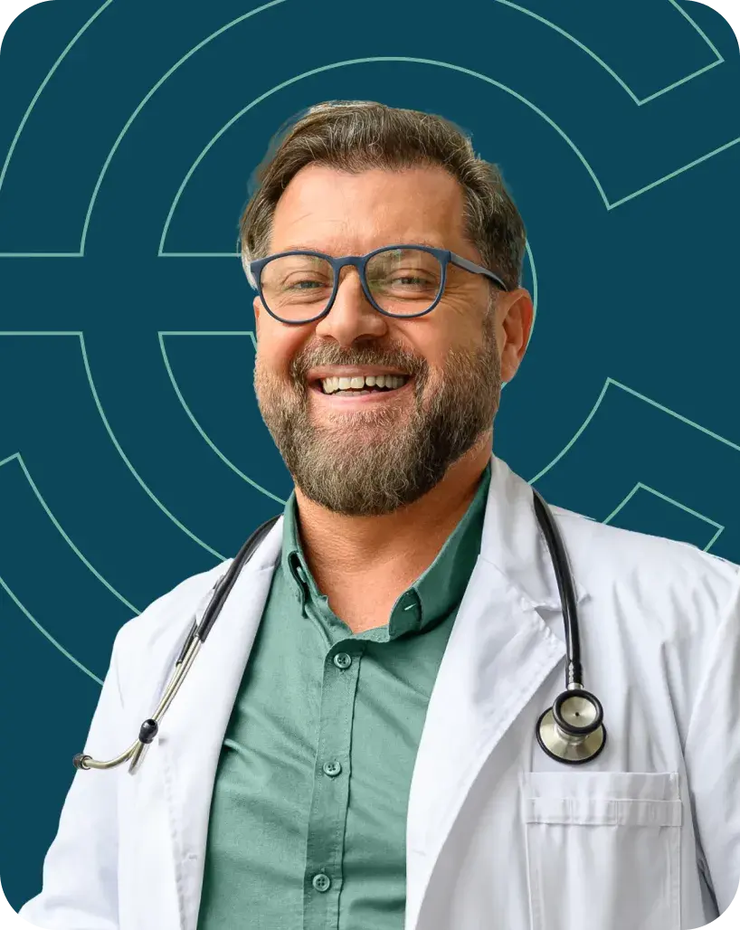 Smiling provider in front of Point C branding on a teal background.